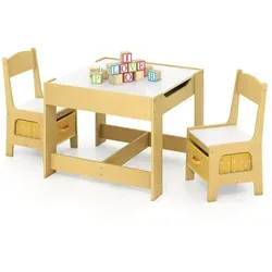 COSTWAY 3-teilige Kindersitzgruppe - Kindertisch mit 2 Stühlen - Gelb - 3-in-1 Tisch für kreative Aktivitäten: Eine Seite zum Spielen, die andere zum Malen. Ergonomisches Design und versteckter Stauraum sorgen für maximalen Komfort und Ordnung. Ideal für Kinder von 3-7 Jahren.