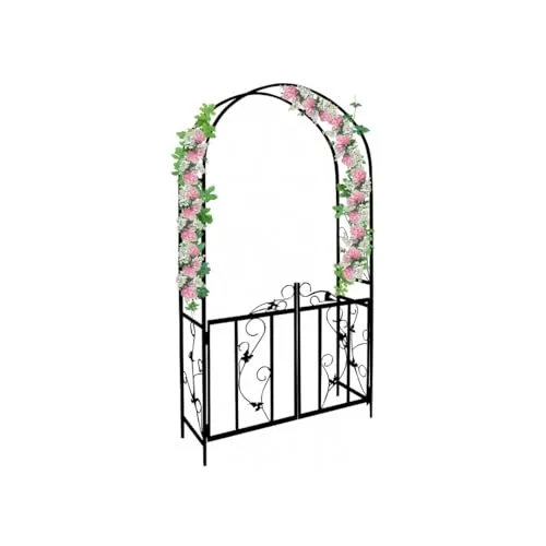 Defacto Rosenbogen aus Metall mit Tür Tor in Schwarz - Wetterfester Rankbogen für Rosen, ideal als dekorativer Durchgang mit einer Höhe von 230 cm und einer Breite von 114 cm - perfekt für Ihren Garten!