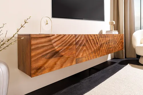 riess-ambiente TV-Board SCORPION 200cm braun Mangoholz - stilvolles, hängendes Lowboard mit 3D-Schnitzereien - Massives TV-Board SCORPION aus braunem Mangoholz, mit vier Fächern für viel Stauraum. Die kunstvollen Schnitzereien und die Wandmontage verleihen deinem Wohnzimmer eine elegante Note.