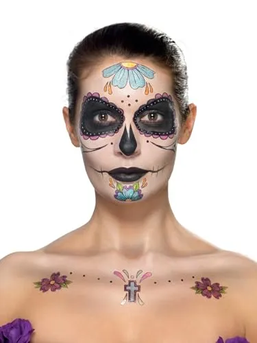 Smiffys Tag der Toten Gesicht Klebetattoos Set - Aqua, Mehrfarbig, perfekt für Halloween und Fasching, inklusive Schminke und Applikatoren
