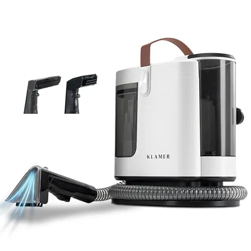 KLAMER Polsterreiniger 500W - Effizienter Waschsauger mit 2-Tank-System - Erleben Sie intensive Tiefenreinigung mit dem KLAMER Polsterreiniger. Das 2-Tank-System trennt sauberes und schmutziges Wasser, während die Sprüh- und Saugtechnik selbst hartnäckige Flecken mühelos entfernt. Ideal für Teppiche und Polster.