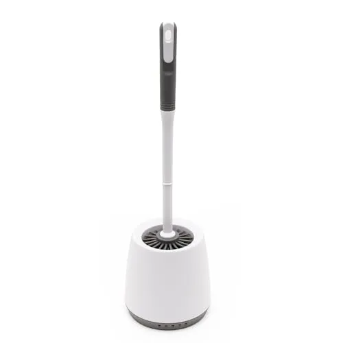 Intirilife Toilettenbürste aus Silikon mit Behälter Weiß-Grau -13 x 42.5cm- WC Bürsten mit Abtropf Box, Toilettenbürste mit Halter und Randreiniger, Klobürste Stehen, Tiefenreinigung, Set Badezimmer