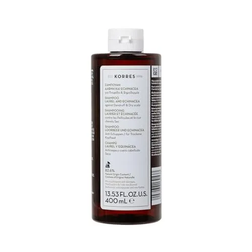 KORRES Laurel & Echinacea Anti-Schuppen Shampoo 400 ml - Silikon- und parabenfreies Shampoo mit antiseptischem Lorbeer- und Echinacea-Extrakt, das Schuppen reduziert und die Kopfhaut beruhigt. Ideal für empfindliche Haut und tägliche Anwendung.