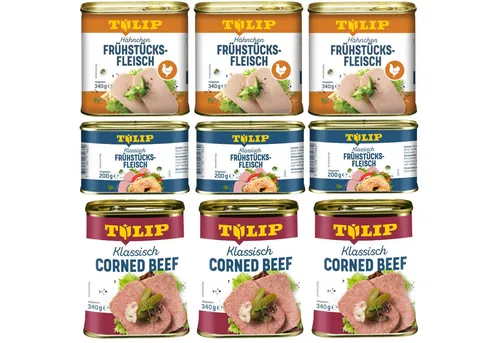 TULIP Wurstkonserve Frühstücksfleisch Set - Set mit 3x Corned Beef (340g), 3x Hähnchen (340g) und 3x Schwein (200g) in praktischer Konservendose. Ideal für proteinreiche Snacks und schnelle Mahlzeiten.