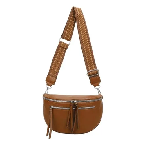 ITALYSHOP24 Damen Tasche Umhängetasche Brusttasche Muster Gürtel Bauchtasche Crossbody Gürteltasche Hüfttasche Crossover Bodybag Schultertasche Handytasche Leder Optik Cognac