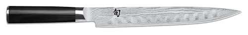 KAI Shun Classic Schinkenmesser 23 cm - Hochwertiges Damastmesser mit Kullenschliff - Messer asiatischer Art: Das KAI Shun Classic Schinkenmesser vereint traditionelle Schmiedekunst mit modernem Design für müheloses, präzises Schneiden von Delikatessen.