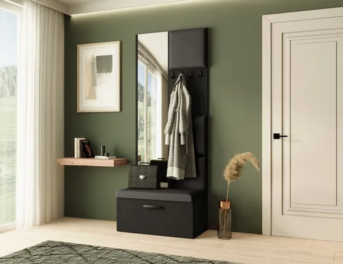 Garderobe MARGARET III, Schwarz mit gepolsterten Paneelen - Drohne mit eleganter Garderobe, integriertem Spiegel und verschließbarem Schuhschrank – perfekt für stilvolle und funktionale Flure.