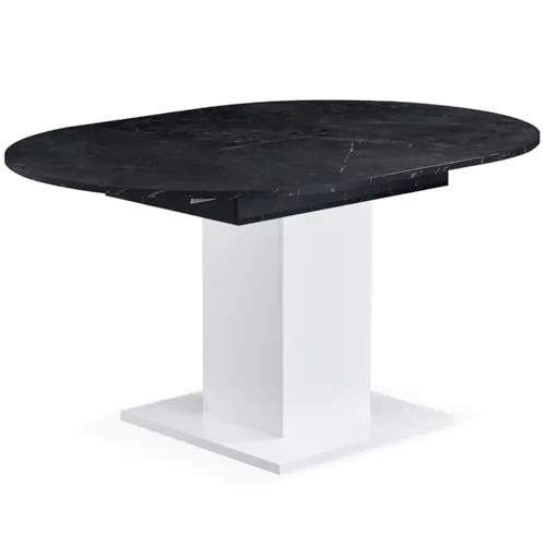 B&D home® ausziehbarer Esstisch WIM 100–140×100cm – moderner Säulentisch in Marmor-Optik - Flexibler Esstisch für kleine Räume: Ausziehbar von 100 auf 140 cm, pflegeleichte Tischplatte in Sandeiche, Eiche-Natur und Marmor-Schwarz. Stilvolle MDF-Säule sorgt für Stabilität und modernes Design.