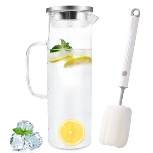 Diompirux 1,5 Liter Hitzebeständig Wasserkocher mit Griffen, Edelstahl-Silikon-Klappdeckel, Gedickter Kessel aus Borosilikatglas, Glaskanne für kaltes oder heißes Wasser, hausgemachten Eistee und Saft