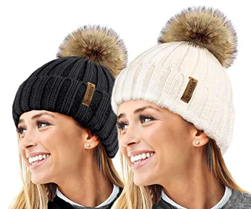 TOSKATOK® Womens Winter-Rib Strickmütze/Beanie mit abnehmbaren Chunky Faux Fur Bobble Pom Pom-Black-Cream