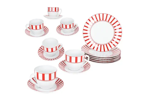 MamboCat Split rot 18tlg Kaffeeservice - 18-teiliges Kaffeeservice für 6 Personen, aus robustem Porzellan mit eleganten roten Streifen, ideal für den Alltag und besondere Anlässe, spülmaschinen- und mikrowellengeeignet.