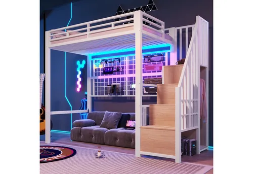 Redom Hochbett Weiß, Metall, 90x200 cm – Modernes Kinderbett mit Stauraum - Dieses stilvolle Hochbett in Weiß verbindet modernes Design mit praktischen Lösungen. Der stabile Metallrahmen und die integrierte LED-Beleuchtung schaffen eine angenehme Atmosphäre. Ideal für kreative Raumgestaltung im Kinderzimmer.