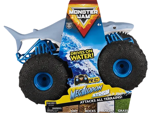 Monster Jam Megalodon Storm - RC Truck Amphibienfahrzeug im Hai-Design, perfekt für Land und Wasser, kinderleichte Bedienung ab 4 Jahren, Maßstab 1:15