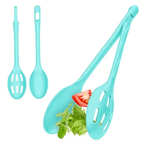 Hausfelder Salatbesteck 2 Stück, Kunststoff Salatlöffel und Salatzange, Besteck Set (Grün)