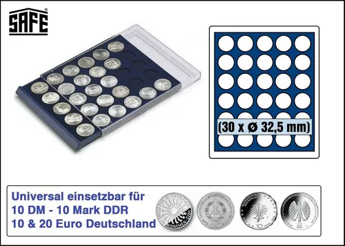 Münzboxen-Nova-6332-SAFE-Schubladen-30-Runde-Fächer-32,5mm-blaue-Samt-Einlage