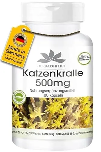 Katzenkralle Kapseln 500mg - 180 Kapseln - Uña De Gato - Cat's Claw - vegan | HERBADIREKT by Warnke Vitalstoffe - Deutsche Apothekenqualität