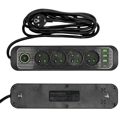 Steckdosenleiste Kobi CONNECTO SCHWARZ 4 Steckdosen 3 m VERLÄNGERUNGSKABEL mit 4X USB MIT EIN/AUS Schalter und Erdung (Schwarz, 3 m)