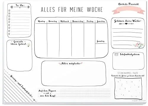 Schreibtischunterlage Papier zum Abreißen - DIN A3 (42 x 29,7 cm) Schreibunterlage aus Papier mit 25 Blatt - Papierunterlage für Kinder und Erwachsene - Abrissblock mit Wochenplaner in Weiß