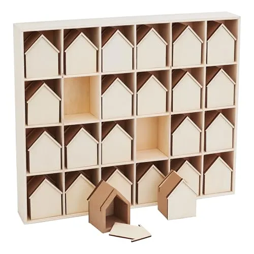 VBS Adventskalender-Häuser, 24 Stück - DIY Bastelset für kreative Weihnachtsdekoration - Adventskalender aus Sperrholz und MDF-Holz, ideal zum individuellen Gestalten mit Serviettentechnik. Perfekt für eine besinnliche Adventszeit!