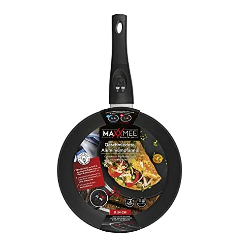 MAXXMEE Aluminium-Pfanne mit LED-Anzeige und Signalton 24cm | Hoher Rand und Cool-Touch-Griff | Für alle Herdarten geeignet, auch Induktion. | Bratpfanne besitzt 2-fache Antihaftbeschichtung [schwarz]