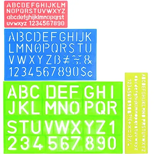 4-teiliges Buchstaben-Schablonen-Set aus Kunststoff, Alphabet-Schablone, Buchstaben, kleine Zahl, Schablonen für Kinder, Zeichenschablone, Malen, Lernen, Heimwerken (gemischte Farben und Größen)