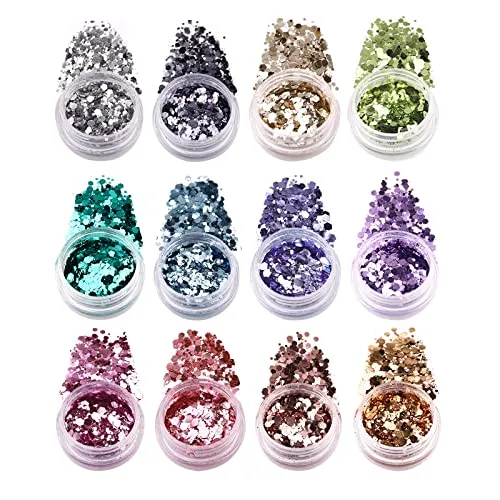 Glitzerpuder Pailletten BISHENGYF: Upgrade Glitzer Gesicht Holografische Meerjungfrau Pulverflocken, Metallisch Glänzende Glitzer Basteln Aluminium Pulver Flocken für Nagelkunst &Handwerk DIY 12