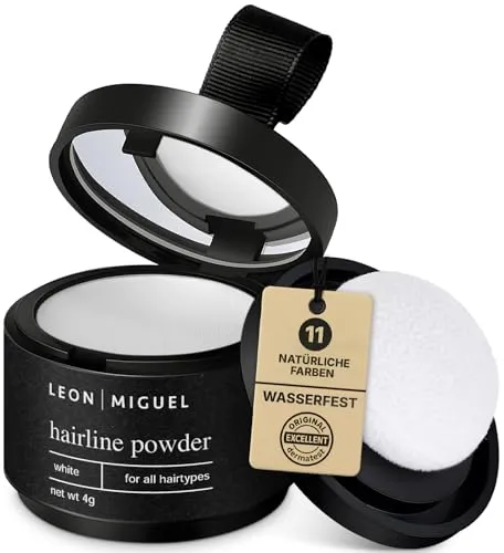 LEON MIGUEL Ansatzpuder - Hairline Powder als wasserfesten Haar Concealer zum Ansatz kaschieren für Frauen und Männer, unsichtbares Haar Make-up zur Haarverdichtung - 4g | Weiß