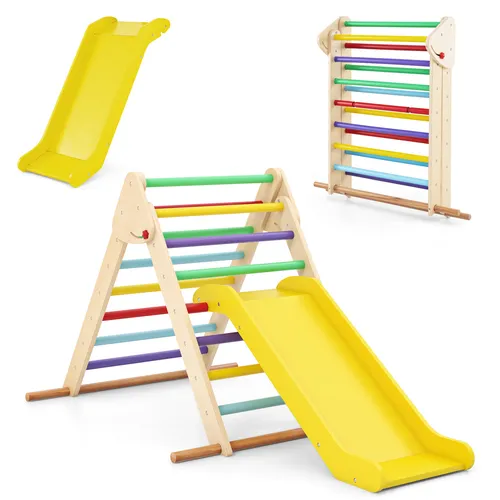 COSTWAY Kletterdreieck 3 in 1 mit Rutsche für Kinder - Entdecken Sie unser klappbares Kletterdreieck mit Rutsche! Mit splitterfreier Oberfläche und stabiler Bauweise fördert es sicher das Spielen und Lernen für Kinder ab 1 Jahr. Ideal für Spielzimmer und Kindergärten.