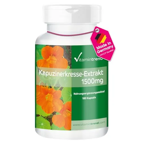 Kapuzinerkresse Extrakt 1500mg - 180 Kapseln, vegan & hochdosiert - Antioxidant Lutein, 10-fach konzentriert mit 1500mg Kapuzinerkresse-Extrakt pro 3 Kapseln, hergestellt in Deutschland für optimale Resorption und Sicherheit.