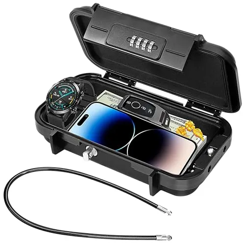 Tragbarer Tresor mit Zahlencode, Sicherheitsbox mit Drahtseil Abnehmbarem, Anti-Diebstahl Wasserdicht Mini Safe Schlüsselsafe mit Kombination für Reisen, Strand, Camping, Büro