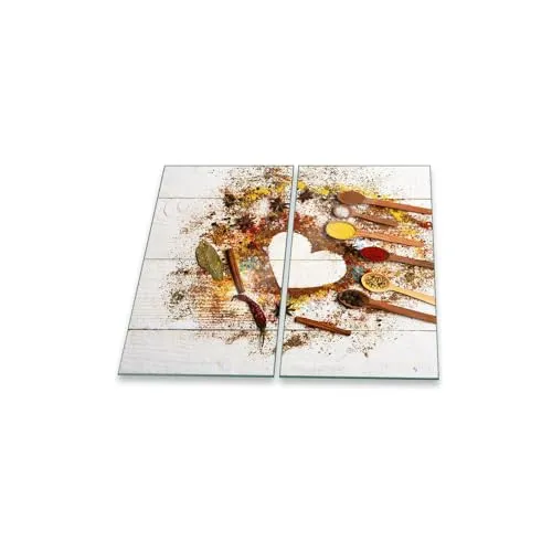 Herdabdeckplatte Abdeckung Ceranfeld Abdeckplatte Schneidebrett 2-Teilig 60x52 Gewürze Mehrfarbig Spritzschutz Glasplatte Ceranfeldabdeckung Schutz Herdschutz Sicherheitsglas Glasschneidebrett 2x30x52