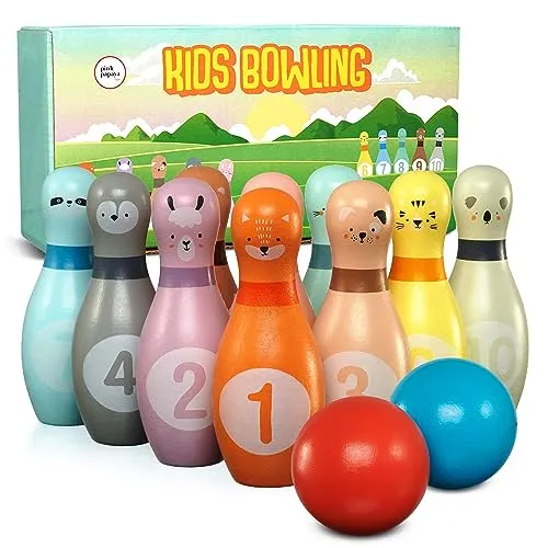 Pink Papaya Kegelspiel für Kinder - Robustes Bowling Set für 1-4 Spieler, ideal für Indoor und Outdoor, fördert Motorik und Geschicklichkeit, liebevoll gestaltete Tierfiguren.