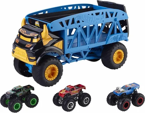 Hot Wheels Transportwagen Monster Trucks inkl. 3 Autos - Lastwagen für Kinder mit 3 Monster Trucks, ideal für actionreiche Abenteuer und kreatives Spielen.
