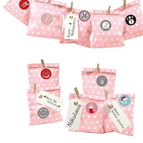 Frau WUNDERVoll® DIY Adventskalender zum Befüllen Bescherung, rosa - weiße Sterne Papiertüten 13x16,5cm, Ziffern bunt pastell/Weihnachten Aufkleber Advent Kalender Kinder Geschenkbeutel