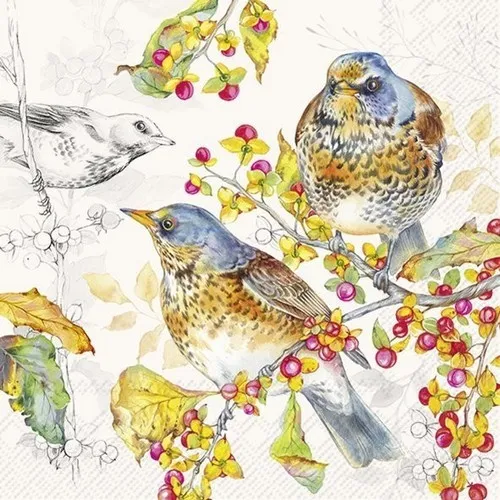 Servietten Autumn Birds Bunte Wacholderdrosseln Vögel Tiere Beeren 33x33cm 20