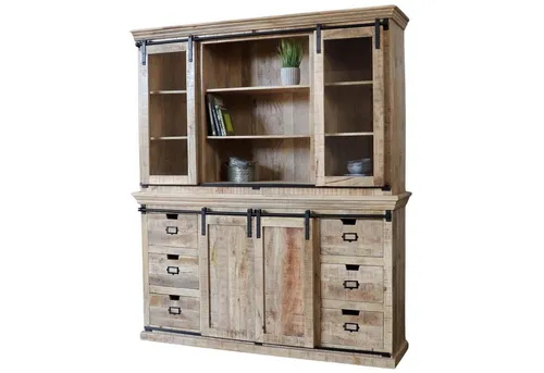 Baario Buffet Schrank VODICE 180cm aus massivem Mangoholz - Buffetschrank im Landhaus-Vintage-Stil, gefertigt aus langlebigem und stabilen Mangoholz, mit 6 Schubladen und offenen Regalfächern für optimalen Stauraum.