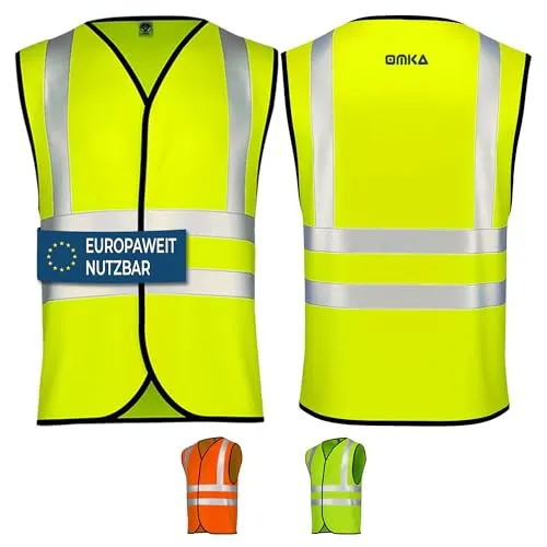 OMKA Warnweste Set – Sicherheitswesten Neonfarben mit 360° Reflexstreifen – Auto Pannenweste für Kinder & Erwachsene mit Klettverschluss (4, Neon Gelb, XXL)