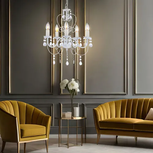 Eleganter 5-flammiger Kronleuchter mit Kristallen - Hochwertige Pendelleuchte für ein strahlendes Ambiente im Wohnzimmer. Mit 5 E14 Fassungen und funkelnden Acrylkristallen, Maße: 44x129 cm.