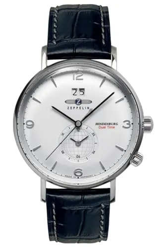 Zeppelin 8044-1 LZ129 Hindenburg Dual Time Uhr - Elegante Herren-Armbanduhr mit dualer Zeitanzeige, blau-weißem Edelstahlgehäuse und 50 m Wasserdichtigkeit – perfekt für den stilbewussten Mann.