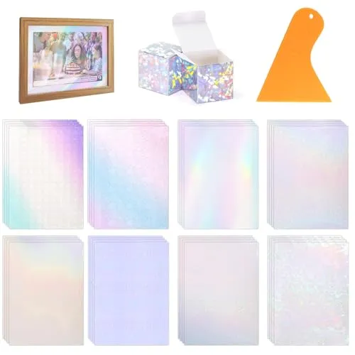Gysim 32 Blatt Hologrammfolie Mit Schaber, 210 x 297 mm, holografische folie, glitzerfolie selbstklebend folie, Fenster, A4, wasserdicht, selbsthaftend, klebefolie transparent (8 Motive）