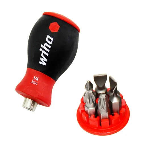 Wiha Schraubendreher Stubby Set, 7-teilig - Schraubendreher-Sets mit handlichem Design, ideal für enge Räume. Inklusive 1 Schraubendreher und 6 Bits (3 Schlitz, 3 Kreuzschlitz) für höchste Flexibilität.