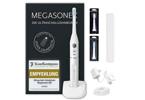 Megasonex Ultraschall-Zahnbürste M8 - 2 Vibrations-Stufen, hocheffektiv und sanft zu Zähnen und Zahnfleisch, inkl. Ladestation und Reiseetui