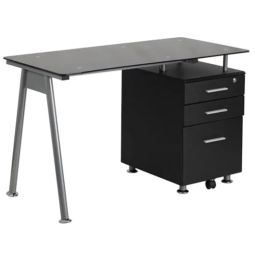 Flash Furniture Computertisch mit 3 Schubladen, Metall, Schwarze Glasplatte/silberner Rahmen, 128.270000000000001 x 67.31 x 13.97 cm