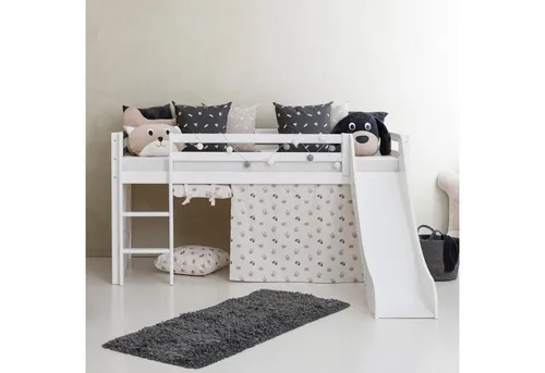 Hochbett HOPPEKIDS «Pets Natur», weiß - Kinderzimmermöbel aus 100% massivem Kiefernholz, mit abnehmbarer Matratze und Rundum-Absturzschutz für sicheren Schlaf und kreatives Spielen.