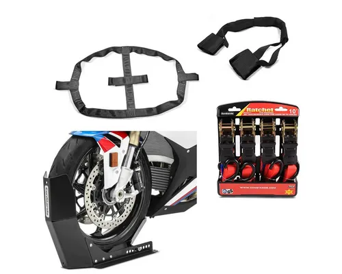 ConStands Motorradheber Transport Set mit Wippe und Gurten - Wagenheber Set mit Easy Fix Motorradwippe und sicheren Fixier- sowie Spanngurten für den problemlosen Transport von Motorrädern. Ideal für Anhänger und Transporter, passt für Radgrößen von 15 bis 21 Zoll.