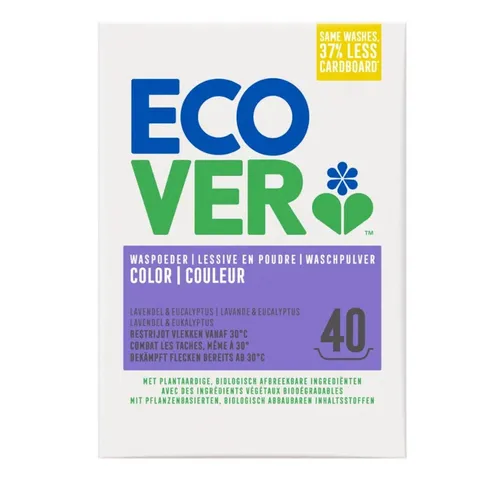 Ecover Color-Waschpulver Konzentrat 3kg - Waschmittel für farbige Wäsche, bekämpft Flecken ab 30°C und sorgt für strahlende Farben. Dermatologisch getestet und vegan, mit sanftem Lavendelduft.