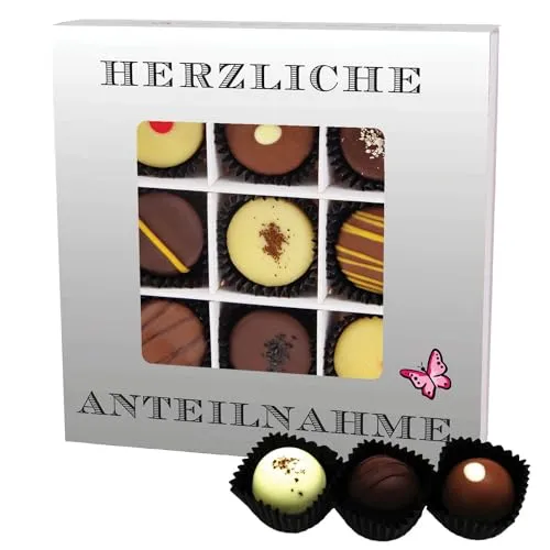 Hallingers Genuss Manufaktur Pralinen Geschenk Anteilnahme – mit & ohne Alkohol, handgemacht & zart schmelzender Edelkakao in edler Geschenkbox, feine Qualität als besondere Geschenkidee zum Abschied