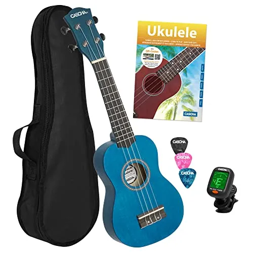 Cascha Soprano Ukulele Set in Blau - Sonstige Zupfinstrumente; Ideal für Einsteiger mit hochwertiger Ausstattung und inklusive Gigbag, 3 Plektren sowie einer Ukulelenschule in 4 Sprachen.