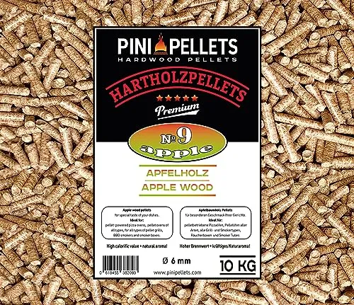 PINI Grillpellets № 9 Apfel 10 kg - Grillpellets aus 100% Apfelbaumholz, ideal für Grill und Smoker. Hoher Brennwert, minimale Asche und GRATIS Dosierschaufel inklusive! Perfekt für Schweinefleisch und Geflügel.
