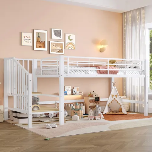 Merax Halbhohes Etagenbett 90x200 cm mit Stauraumtreppe - Etagenbett mit integrierter Stauraumtreppe für mehr Ordnung im Kinderzimmer. Robuster Metallrahmen und inklusive Lattenrost – ideal für sichere Nächte.